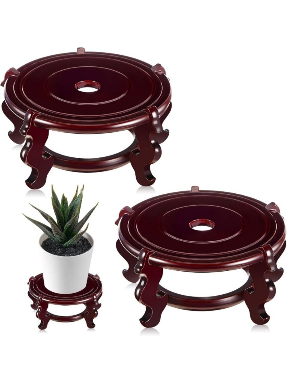 Set of 2 Indoor Wooden Plant Stands, 4-12 in Adjustable Height, Oriental Style